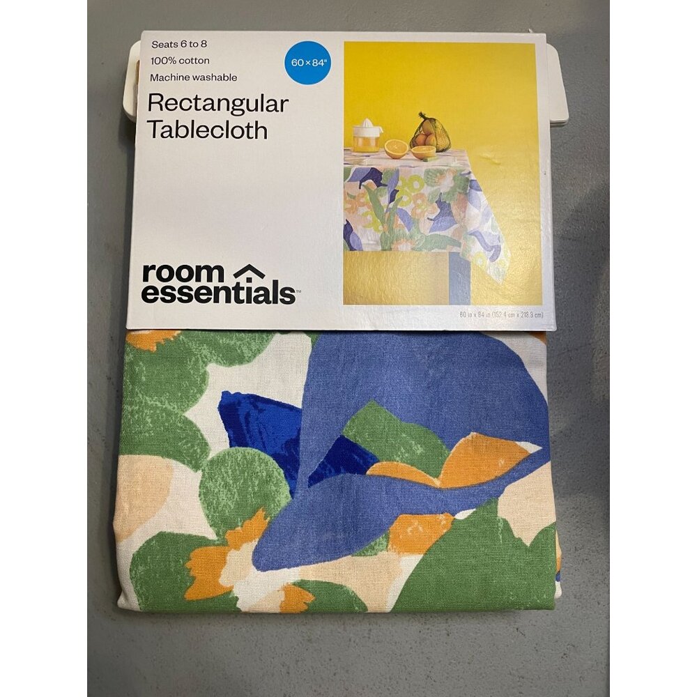 Room Essentials rectangular tablecloth with a floral pattern.